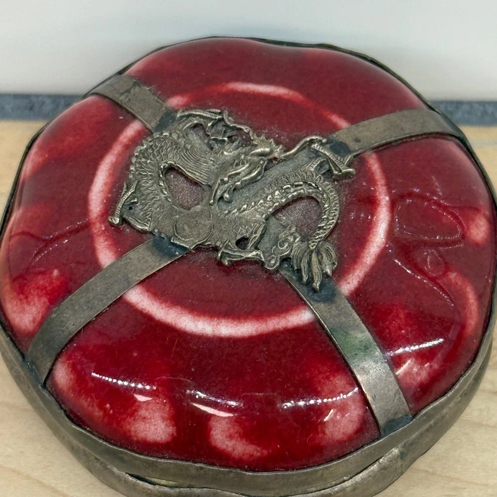 Vintage Chinese Dragon Porcelain Trinket Box Red stamped‎ Metal Wrap 2.5in raku